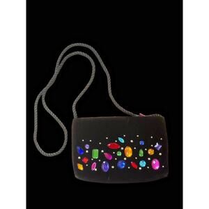 Vintage 1980s Black Velvet Clutch Bag Colorful Rhinestone Gem Purse Evening Bag